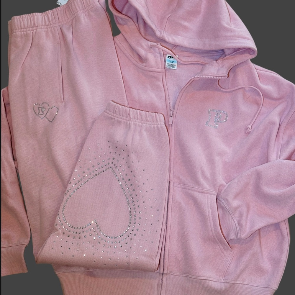 NEW VICTORIAS SECRET PINK BLING FULL ZIP HOODIE + JOGGERS RHINESTONE 2PC SET
